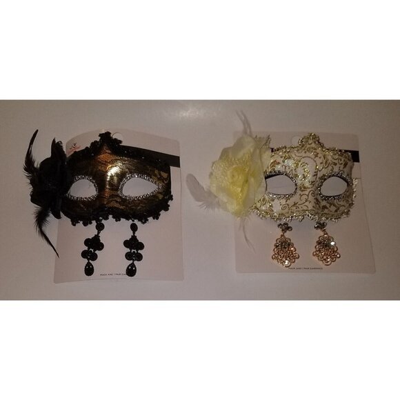 way to celebrate Accessories - NEW 2 Adult Masquerade Mask Matching Earrings Set Halloween Ivory Gold Black Lot